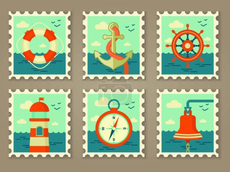 Téléchargez les illustrations : Rétro marine timbres illustration vectorielle - en licence libre de droit
