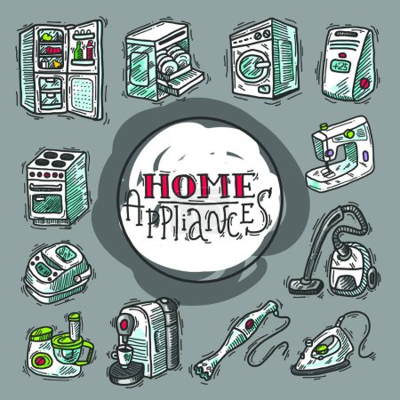 Téléchargez les illustrations : Illustrations vectorielles dessinées à la main de différents types d'appareils ménagers - en licence libre de droit
