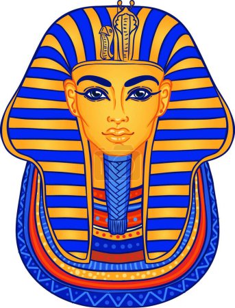 Illustration for King Tutankhamun mask, ancient Egyptian pharaoh. Hand-drawn vintage vector outline illustration. Tattoo flash, t-shirt or poster design, postcard. Egypt history. - Royalty Free Image