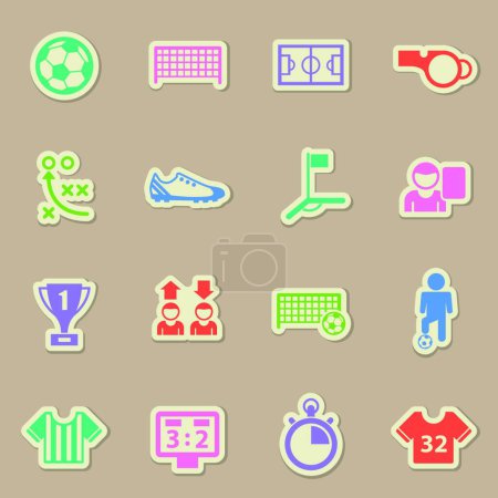 Ilustración de "fútbol deporte color pegatina vector iconos. etiquetas de papel de fútbol con sombra transparente sobre fondo beige para diseño web, móvil e interfaz de usuario" - Imagen libre de derechos