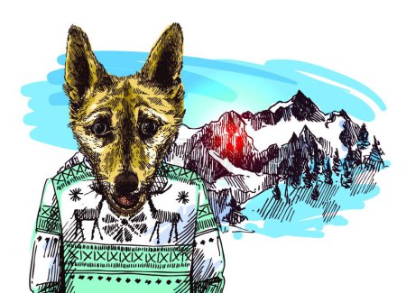 Téléchargez les illustrations : Chien avec des montagnes sur fond vectoriel illustration - en licence libre de droit