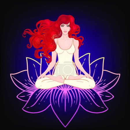 Illustration for Beautiful Caucasian Girl with long curly red hair sitting in Lotus pose with ornate lotus f on background. Vector illustration. Spa consent, yoga studio - Royalty Free Image