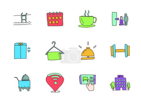 Ilustración de Hotel hand drawn linear vector icons isolated on white background. hotel doodle icon set for web and ui design, mobile apps and print products - Imagen libre de derechos