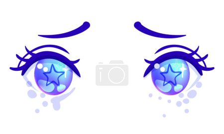 Illustration for "Colorful beautiful eyes in anime (manga) style with shiny light reflections. Bright vector illustration isolated. Emotions: expression of sadness. Pastel goth colors." - Royalty Free Image