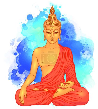 Illustration for "Sitting Buddha silhouette over watercolor background. Vector illustration. Vintage decorative composition. Indian, Buddhism, Spiritual motifs." - Royalty Free Image