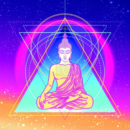 Illustration for "Sitting Buddha over colorful neon background. Vector illustration. Vintage decorative composition. Indian, Buddhism, Spiritual motifs." - Royalty Free Image