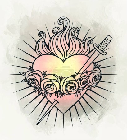 Illustration for Sacred Heart of Jesus. Vector illustration black isolated on white. Trendy Vintage style element. Spirituality, occultism, alchemy, magic, love. Coloring book for adults. - Royalty Free Image