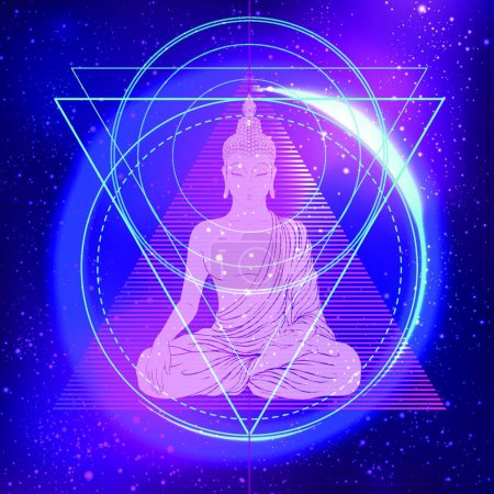 Illustration for Sitting Buddha over colorful neon background. Vector illustration. Vintage decorative composition. Indian, Buddhism, Spiritual motifs. - Royalty Free Image