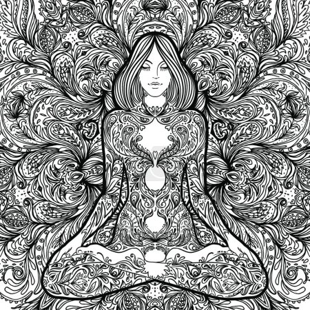 Ilustración de Pretty girl in lotus yoga pose over ornate round mandala pattern. Yoga concept. Decorative design for cover, t-shirt , yoga poster, flyer. Astrology, sacred geometry. - Imagen libre de derechos
