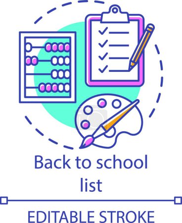 Photo for Back to school list concept icon. Studies preparation idea thin line illustration. Student equipment check. Checklist, abacus and brush with palette vector isolated outline drawing. Editable stroke - Royalty Free Image