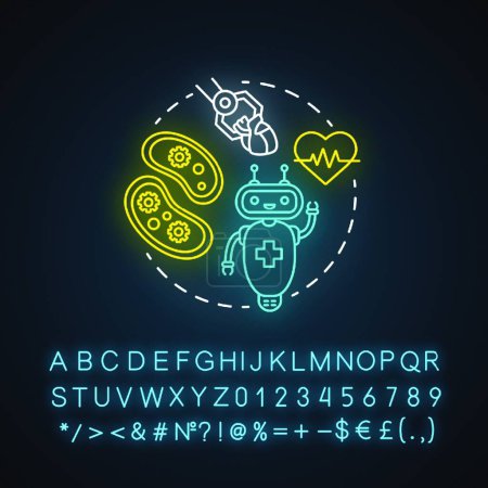 Photo for "Medical robotics neon light concept icon. Health care computer machines idea. Innovative hospital system. Glowing sign with alphabet, numbers and symbols. Vector isolated illustration" - Royalty Free Image