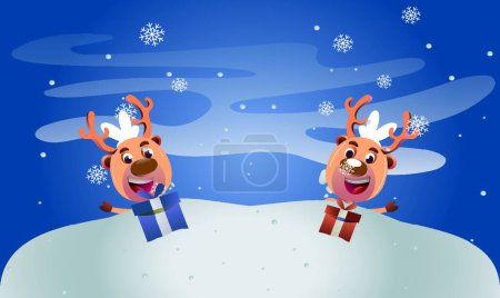 Ilustración de "conejos jugando con regalos en la nieve durante los inviernos" - Imagen libre de derechos
