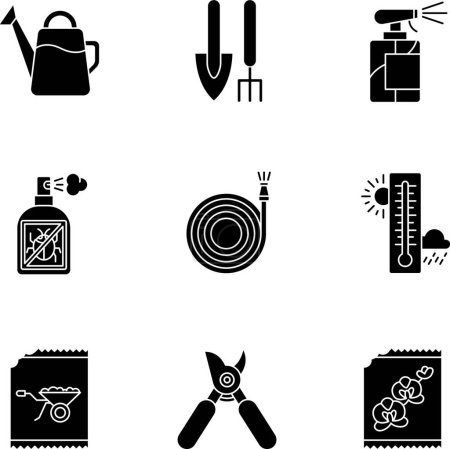 Photo for "Indoor gardening tools and materials black glyph icons set on white space. Garden inventory. Houseplant caring equipment. Gardeners kit. Silhouette symbols. Vector isolated illustration" - Royalty Free Image