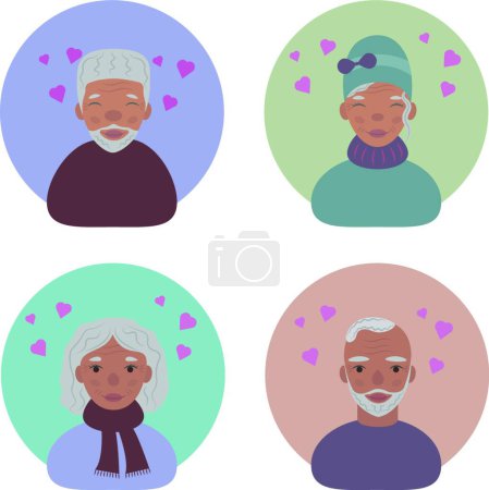 Illustration for The faces of dark-skinned elderly people. Avatars of happy black grandparents. Portraits of smiling old people on Valentine s Day. Funny faces with hearts above their heads. Vector illustration - Royalty Free Image