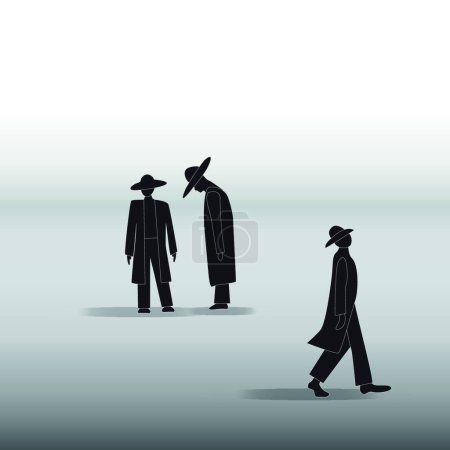 Illustration for Silhouettes of three male figures in raincoats and hats. - Royalty Free Image