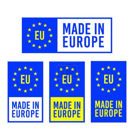 Illustration for Made in EU badge label in blue and yellow color. quality sign. Stock vector illustration isolated on white background - Royalty Free Image