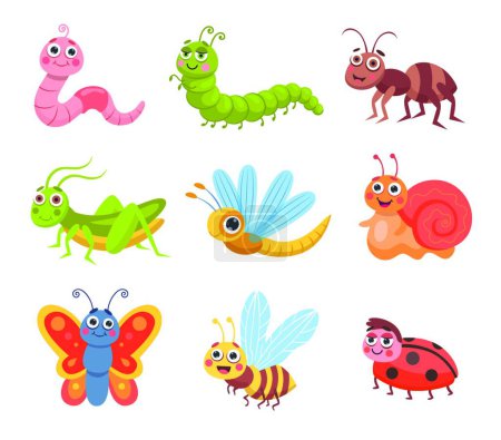 Téléchargez les illustrations : Mignon dessin animé insectes ensemble vectoriel illustration - en licence libre de droit
