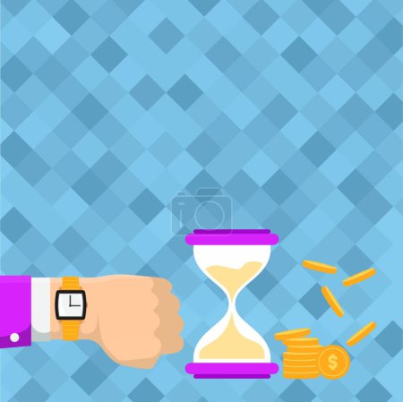 Photo for Businessman Using Wristwatch Around Hand Showing Hourglass Indicating Valuable Measures. Various Era Measuring Equipment Beside Coins Describing Time Equals Money - Royalty Free Image