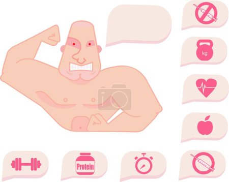 Illustration for "Bodybuilder torso with speech bubbles. Tense face" - Royalty Free Image