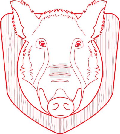 Téléchargez les illustrations : "Boar head in wood shield. Contour" - en licence libre de droit