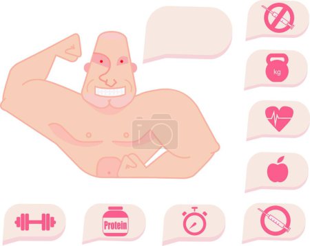 Illustration for "Bodybuilder torso with speech bubbles. Happy face" - Royalty Free Image