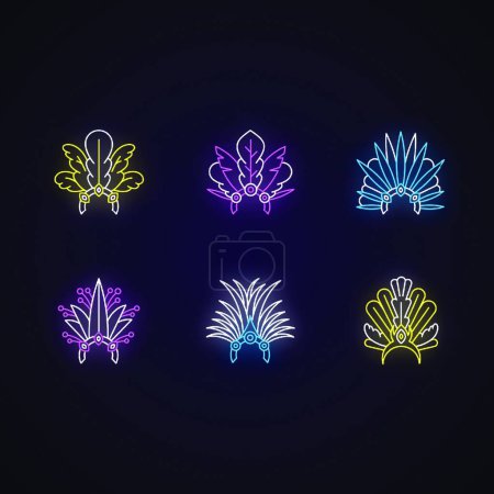 Photo for "Brazilian carnival hat neon light icons set. Crown with plumage. Traditional headwear. Ethnic festival. Masquerade parade. Signs with outer glowing effect. Vector isolated RGB color illustrations" - Royalty Free Image