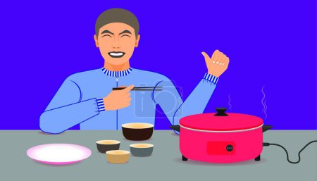 Illustration for Free space on the chalice  dish and electric pan for your food promotion. a man happy while eating meal recommended and acting give a like on left hand and right holding the chopsticks. vector illustration eps10 - Royalty Free Image
