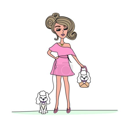 Téléchargez les illustrations : Belle fille marche avec les chiens - gribouiller illustration isolée - en licence libre de droit