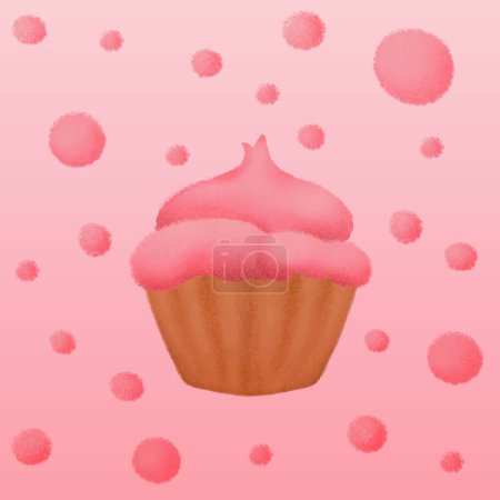 Téléchargez les illustrations : "cupcake et points dessinés à la main dans une palette de couleurs rose corail, effet texture de craie ou de crayon" - en licence libre de droit
