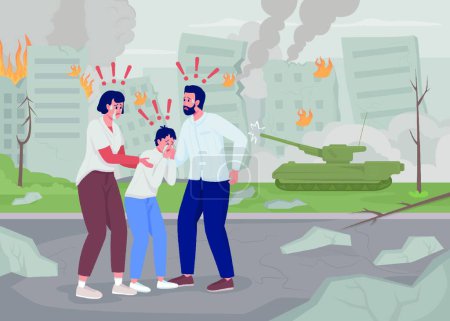 Illustration for Terrified family in destroyed city flat color vector illustration - Royalty Free Image