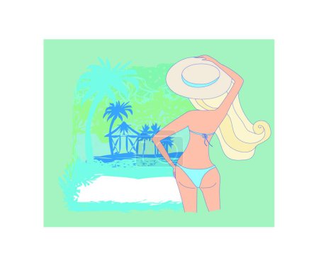 Illustration for "elegant woman on tropical vacation, card with space for your text " - Royalty Free Image