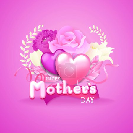 Ilustración de "Tipografía Texto del día de la madre con flores, cinta rosa 3d gráfico vectorial realista mínimo" - Imagen libre de derechos
