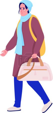 Illustration for "Female refugee with bag running away from war semi flat color vector character" - Royalty Free Image
