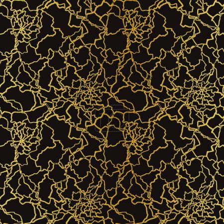 Illustration for Kintsugi art seamless pattern with gold thin lines and abstract shards on dark luxury background - Royalty Free Image