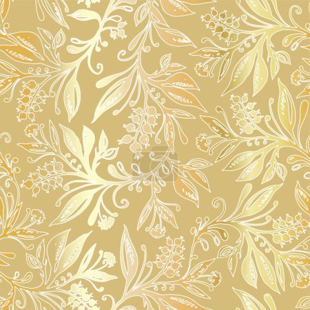 Ilustración de Patrón sin costura floral con hojas abstractas y bayas en color beige con tinte dorado - Imagen libre de derechos