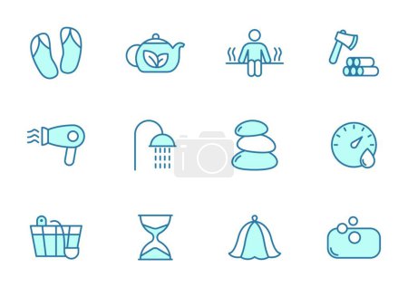 Téléchargez les illustrations : Icônes vectorielles de ligne spa et sauna en deux couleurs isolées sur fond blanc. ensemble d'icônes bleu spa et sauna pour la conception web, ui, applications mobiles et imprimer - en licence libre de droit