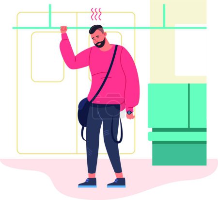 Ilustración de Hombre deprimido en el metro. Largo viaje a casa en transporte público, ilustración vectorial - Imagen libre de derechos