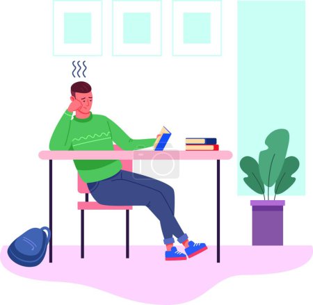 Illustration for Bored studying. Lazy student with textbook at long lecture, vector illustration - Royalty Free Image