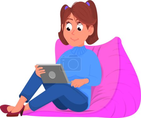 Téléchargez les illustrations : "Fille assise sur une chaise douce avec ordinateur portable. Temps à la maison confortable" - en licence libre de droit