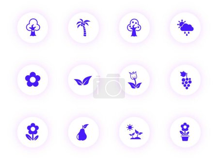 Téléchargez les illustrations : "plante des icônes vectorielles de couleur pourpre sur les boutons ronds clairs avec ombre pourpre. set d'icônes plantes pour web, applications mobiles, ui design et impression" - en licence libre de droit