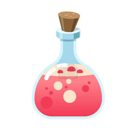 Ilustración de "Botella mágica de vidrio. Alquimia amor elixir en frasco de vidrio. Corcho y poción rosa, vector de dibujos animados. Brujería poción rosa de bruja o veneno" - Imagen libre de derechos