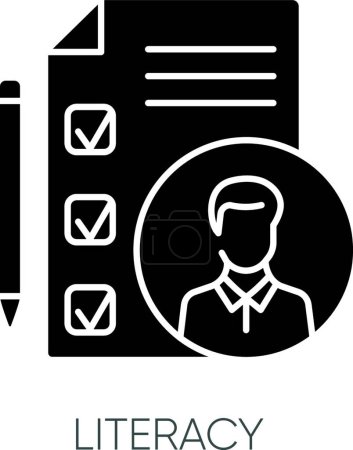 Illustration for "Literacy black glyph icon. Professional knowledge, executive search silhouette symbol on white space. Candidate CV, job application. Employee skills checklist vector isolated illustration" - Royalty Free Image