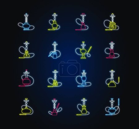 Illustration for "Hookah neon light icons set. Sheesha bar. Hooka accessories. Smoke area. Vapor, vaping. Tobacco option. Arabic lounge. Signs with outer glowing effect. Vector isolated RGB color illustrations" - Royalty Free Image