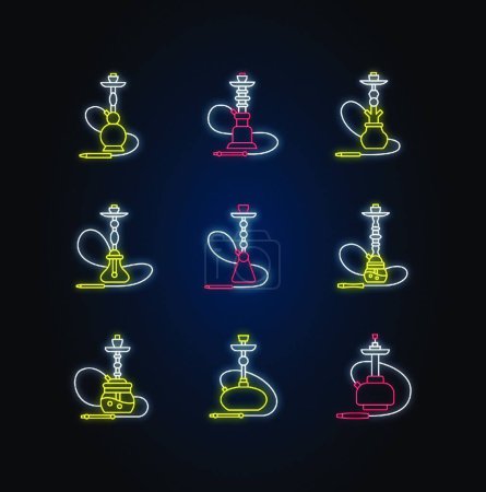 Illustration for "Hookah neon light icons set. Shisha with wire. Sheesha house. Nargile lounge. Odor from pipe. Scent of vaporizing. Smoking area. Signs with outer glowing effect. Vector isolated RGB color illustration" - Royalty Free Image