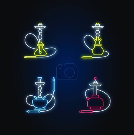 Illustration for "Hookah neon light icons set. Ceremony utensil. Sheesha house. Nargile lounge. Odor from pipe. Scent of vaporizing. Smoking area. Signs with outer glowing effect. Vector isolated RGB color illustration" - Royalty Free Image