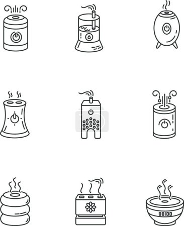 Illustration for "Air ionizers variety RGB pixel perfect linear icons set. Ultrasonic and steam climate control devices. Customizable thin line contour symbols. Isolated vector outline illustrations. Editable stroke" - Royalty Free Image