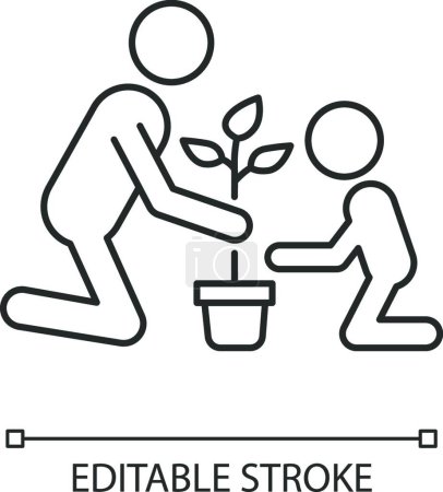 Illustration for "Planting flower with kid linear icon" - Royalty Free Image