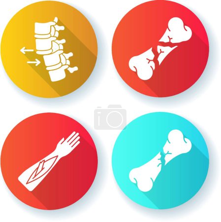 Illustration for "Body part injuries flat design long shadow glyph icons set. Spinal vertebra, spine dislocation. Open fracture. Broken bones. Medical condition. Accident. Treatment. Silhouette RGB color illustration" - Royalty Free Image