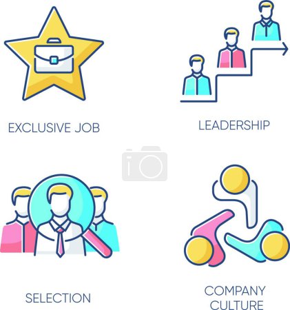 Illustration for "Business employment RGB color icons set. Exclusive job, leadership, selection and company culture. Executive search, professional employees recruitment. Isolated vector illustrations" - Royalty Free Image