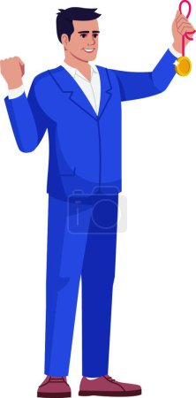 Illustration for "Praising best company worker semi flat RGB color vector illustration. Top manager proud with golden medal isolated cartoon character on white background. Staff skills and competencies recognition" - Royalty Free Image